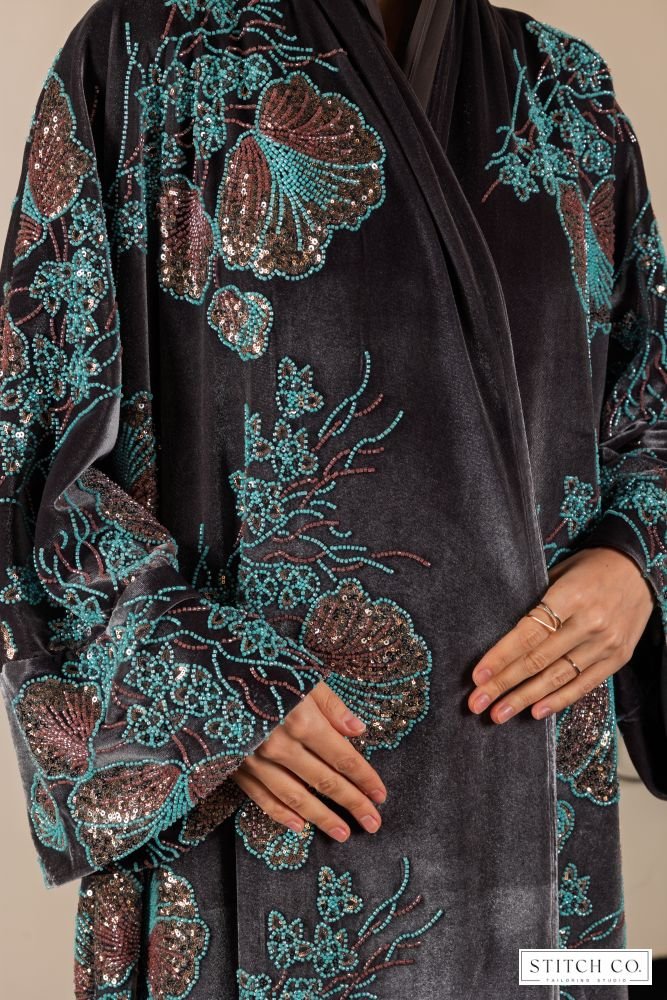 BLUE VELVET ABAYA WITH LACE DESIGN