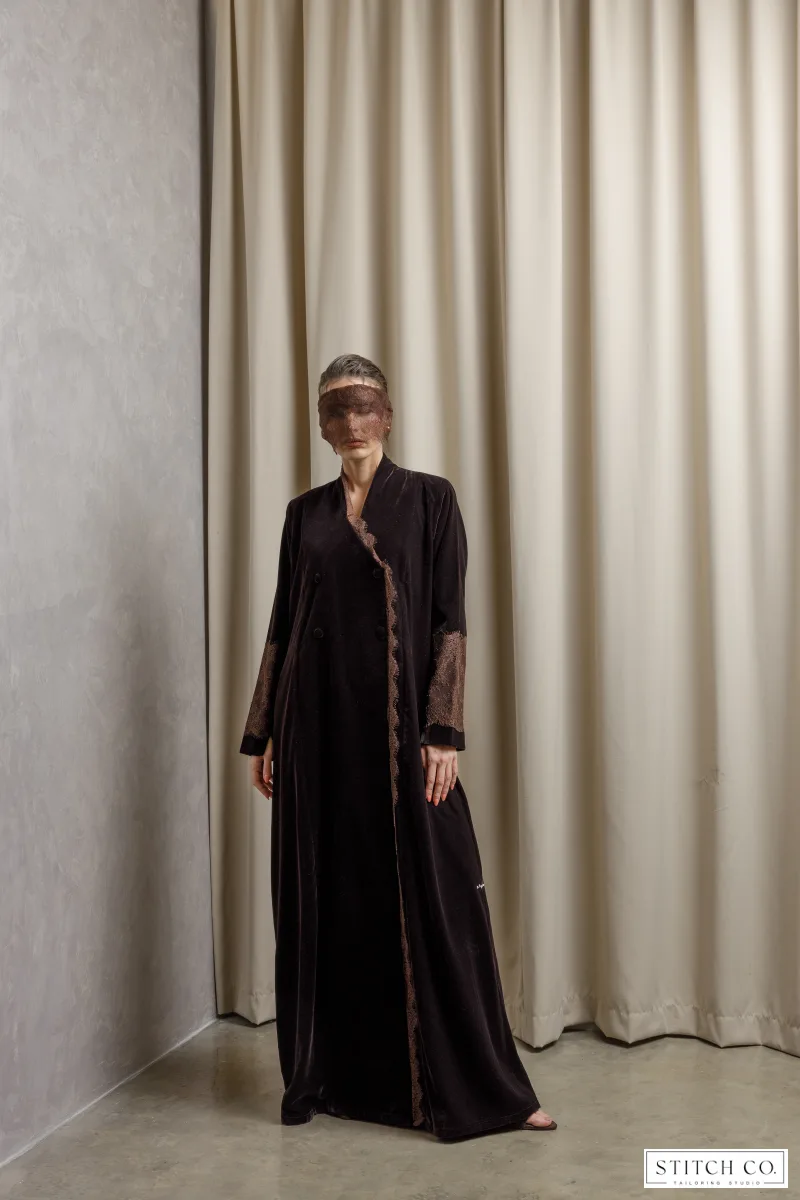 BROWN VELVET  ABAYA WITH LACE 