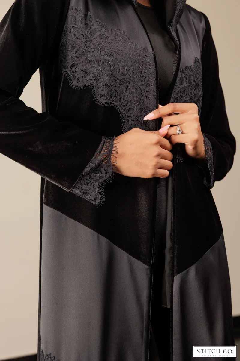black velvet abaya satin with lace 