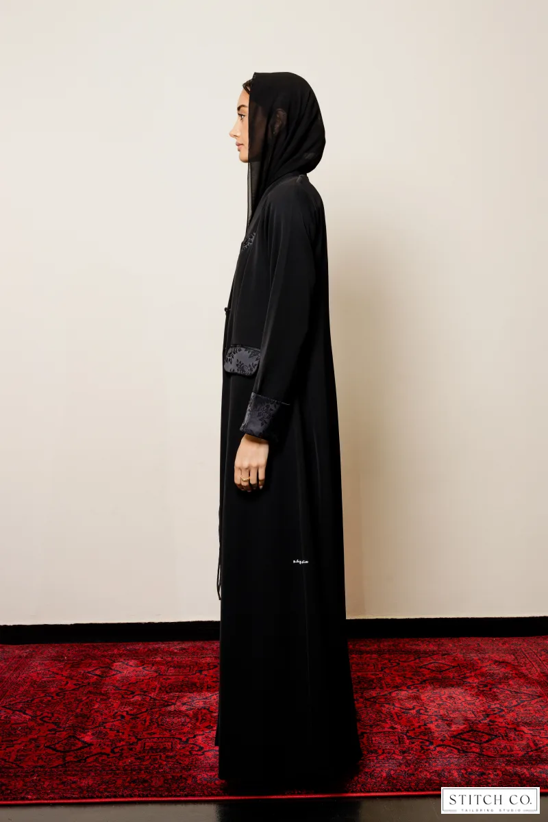 Viscose crepe wrap-cut abaya with Jacquard details