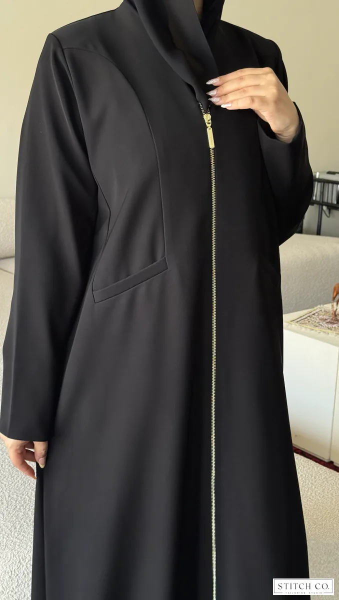 BLACK ABAYA HAJ WITH GOLD ZIP