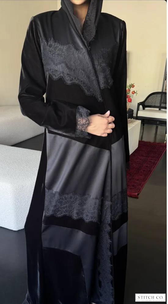 black velvet abaya satin with lace 