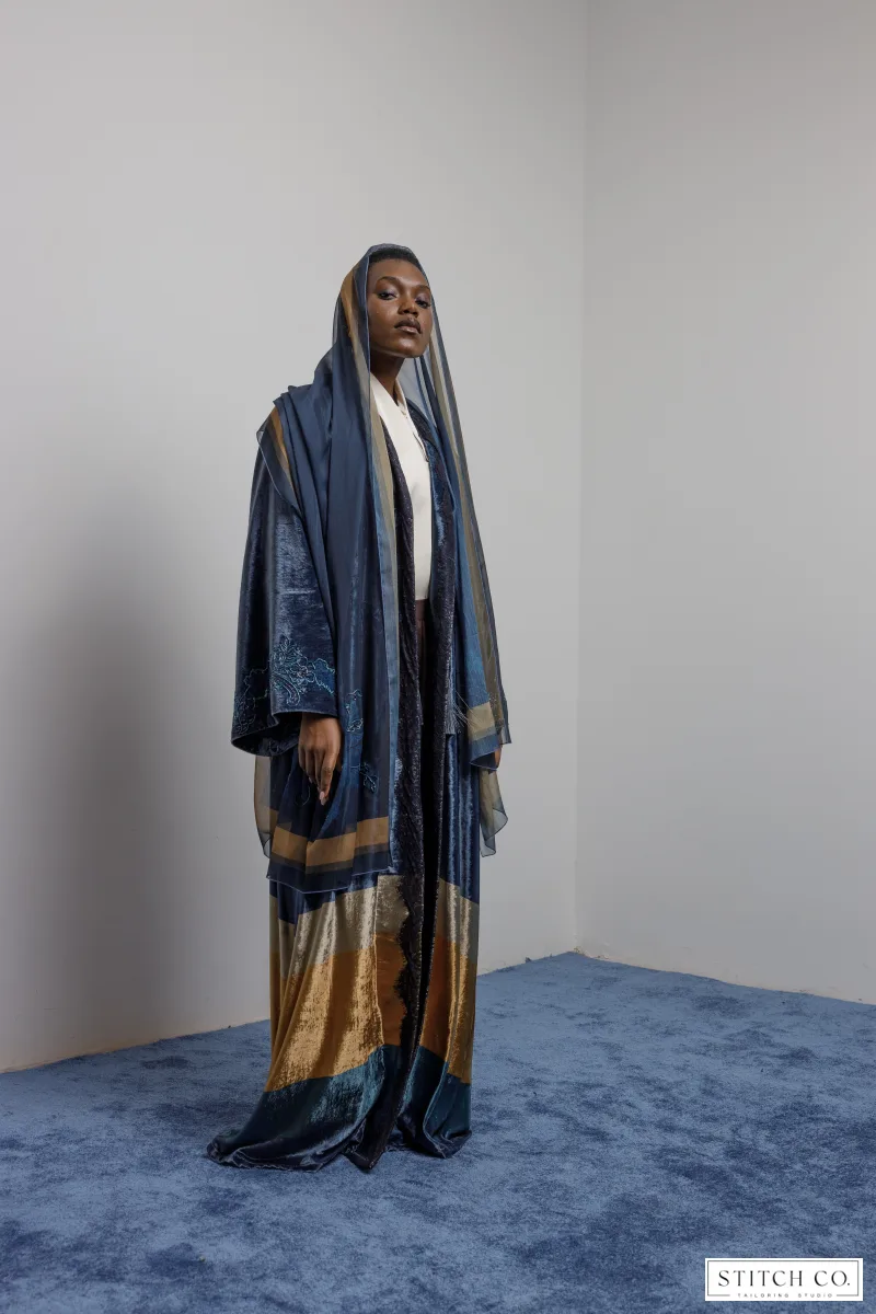BLUE VELVET EMBROIDRED  ABAYA 